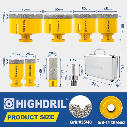 HIGHDRIL Diamond Drill Bits Kit with 5/8-11 for Porcelain Tile Ceramic Marble Brick Concrete Vacuum Brazed Hole Saw(25/35/45/50/65/75mm+20mm Finger Bits) - Image 2