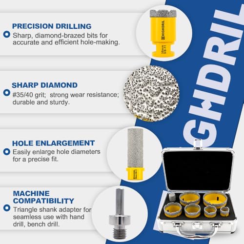 HIGHDRIL Diamond Drill Bits Kit with 5/8-11 for Porcelain Tile Ceramic Marble Brick Concrete Vacuum Brazed Hole Saw(25/35/45/50/65/75mm+20mm Finger Bits) - Image 3