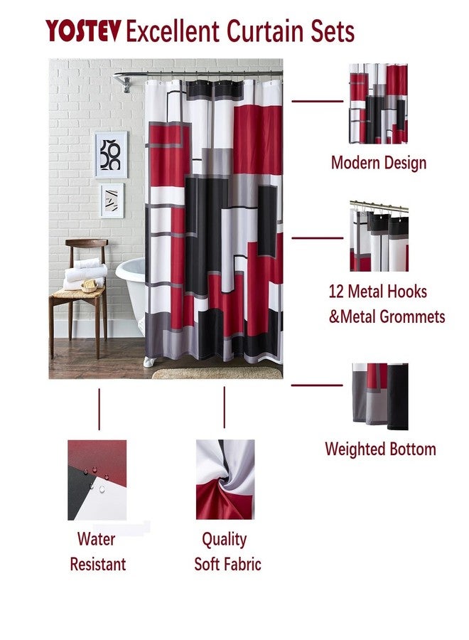 YOSTEV Modern Geometric Shower Curtain Red,RED and Black White Waterproof Shower Curtain Set for Bathroom Restroom with 12 Metal Hooks, 72 x 72 inch - Image 2