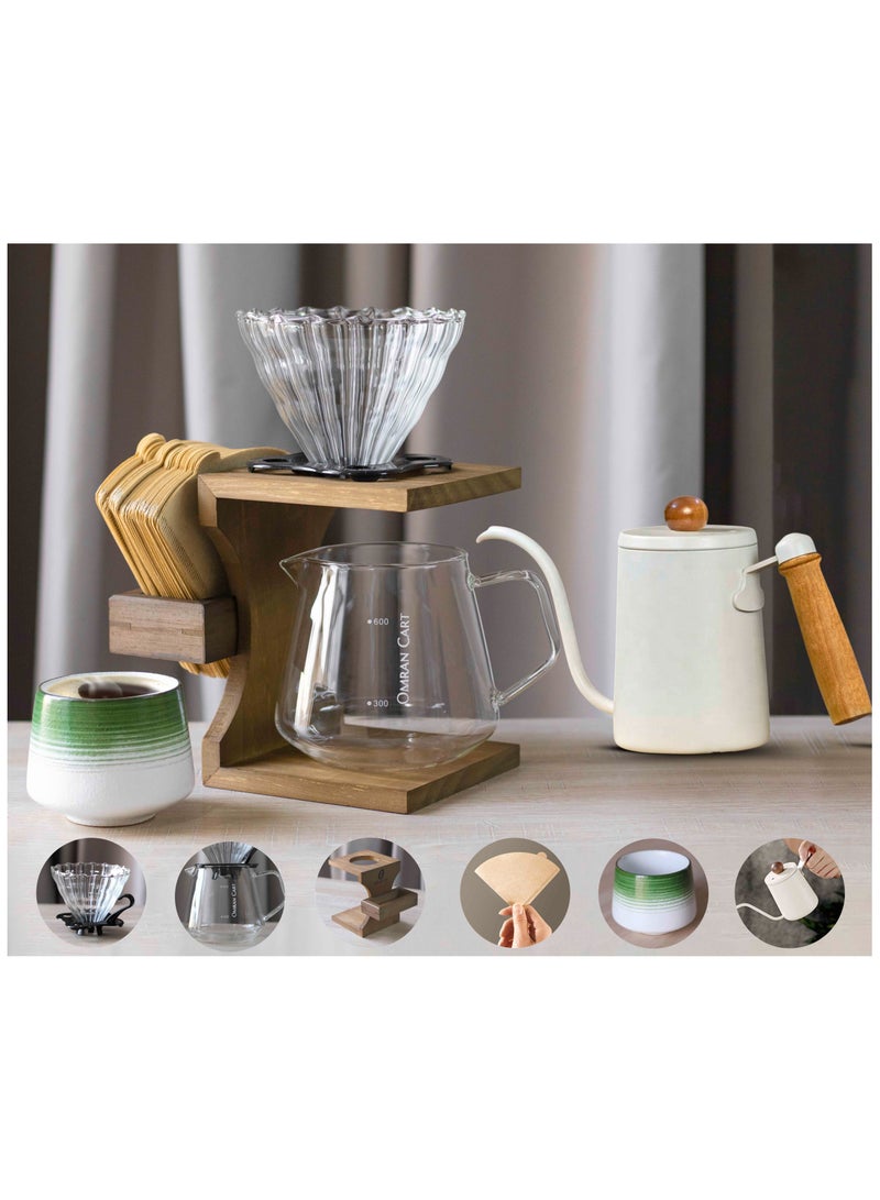 OMRAN CART Omran Cart V60 Coffee Set 6pcs Pour over coffee maker set with Wooden holder rack, Includes Coffee kettle with wooden handle, Server, dripper, filters & ceramic cup – Perfect for coffee lovers  - Image 1