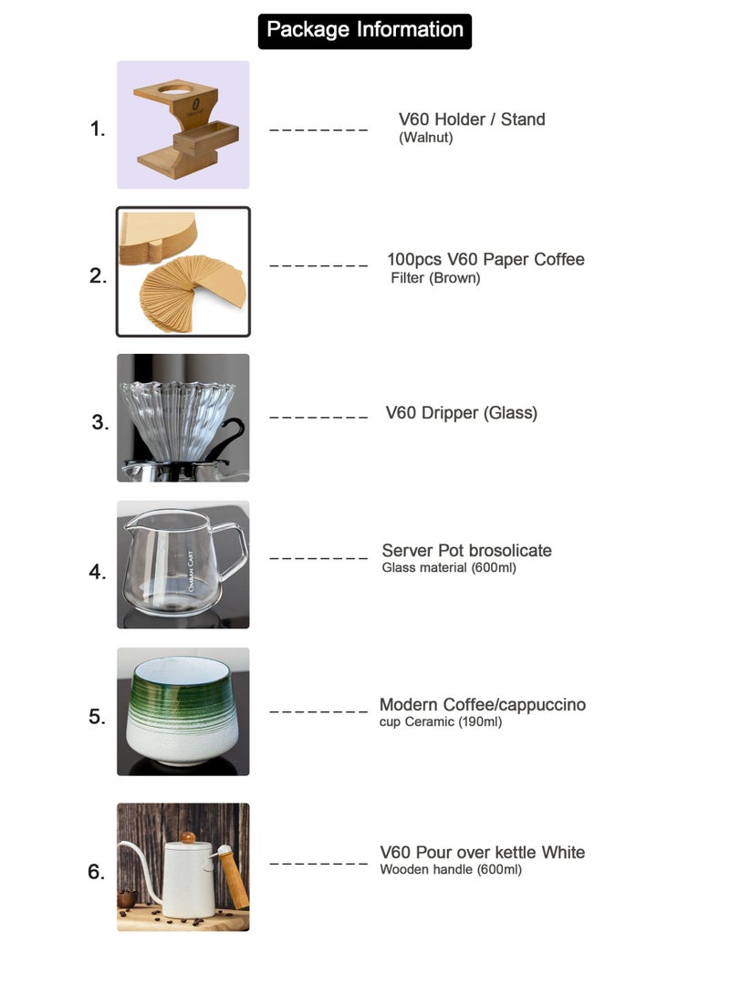 OMRAN CART Omran Cart V60 Coffee Set 6pcs Pour over coffee maker set with Wooden holder rack, Includes Coffee kettle with wooden handle, Server, dripper, filters & ceramic cup – Perfect for coffee lovers  - Image 2