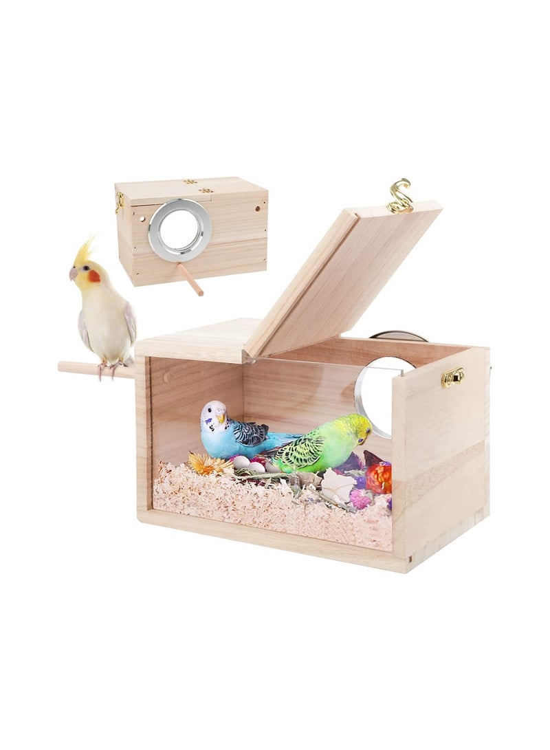 OMEVE Wood Nest Parakeet Nesting Box Transparent Bird Nest Breeding Box with Perch Wood Bird House for Cage Budgie Love Birds Cockatiel Conure Finch Parrot Small to Medium Birds - Image 1