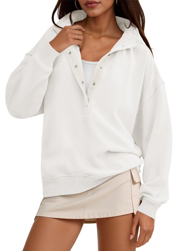 Fisoew Womens Oversized Sweatshirts Casual Long Sleeve Snap Button Henley Neck Loose Fit Fall Pullover Tops White - Image 1