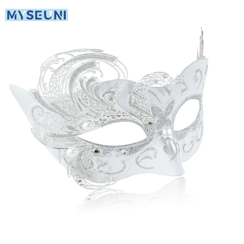 MYSEUNI 2025 New White Masquerade Mask for Women-Peacock Metal Masquerade Venetian Mask Silver- Masks for Women Butterfly - Mardi Gras, Halloween Parties, Costume Party, Carnivals, Wedding - Image 2