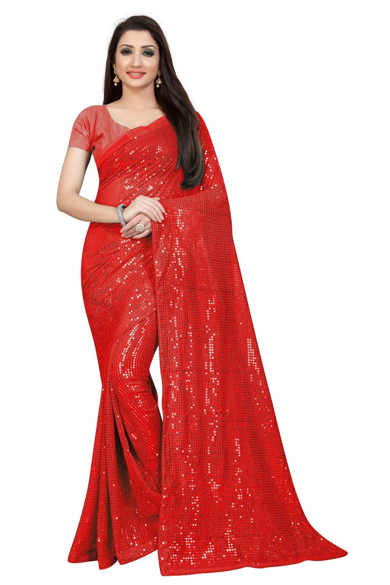 Florely Women's Pure Georgette sequence saree with unstiched blouse piece(Free size) (Red) - Image 1