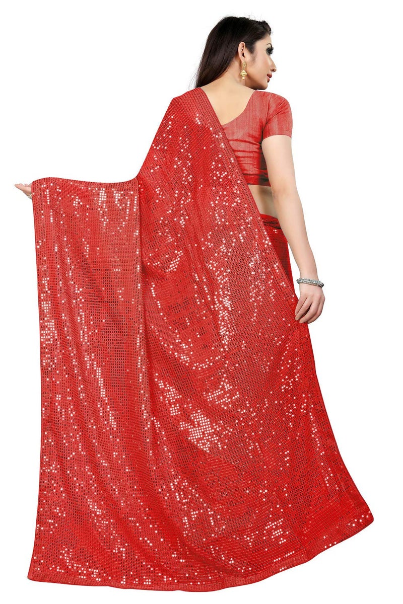 Florely Women's Pure Georgette sequence saree with unstiched blouse piece(Free size) (Red) - Image 2