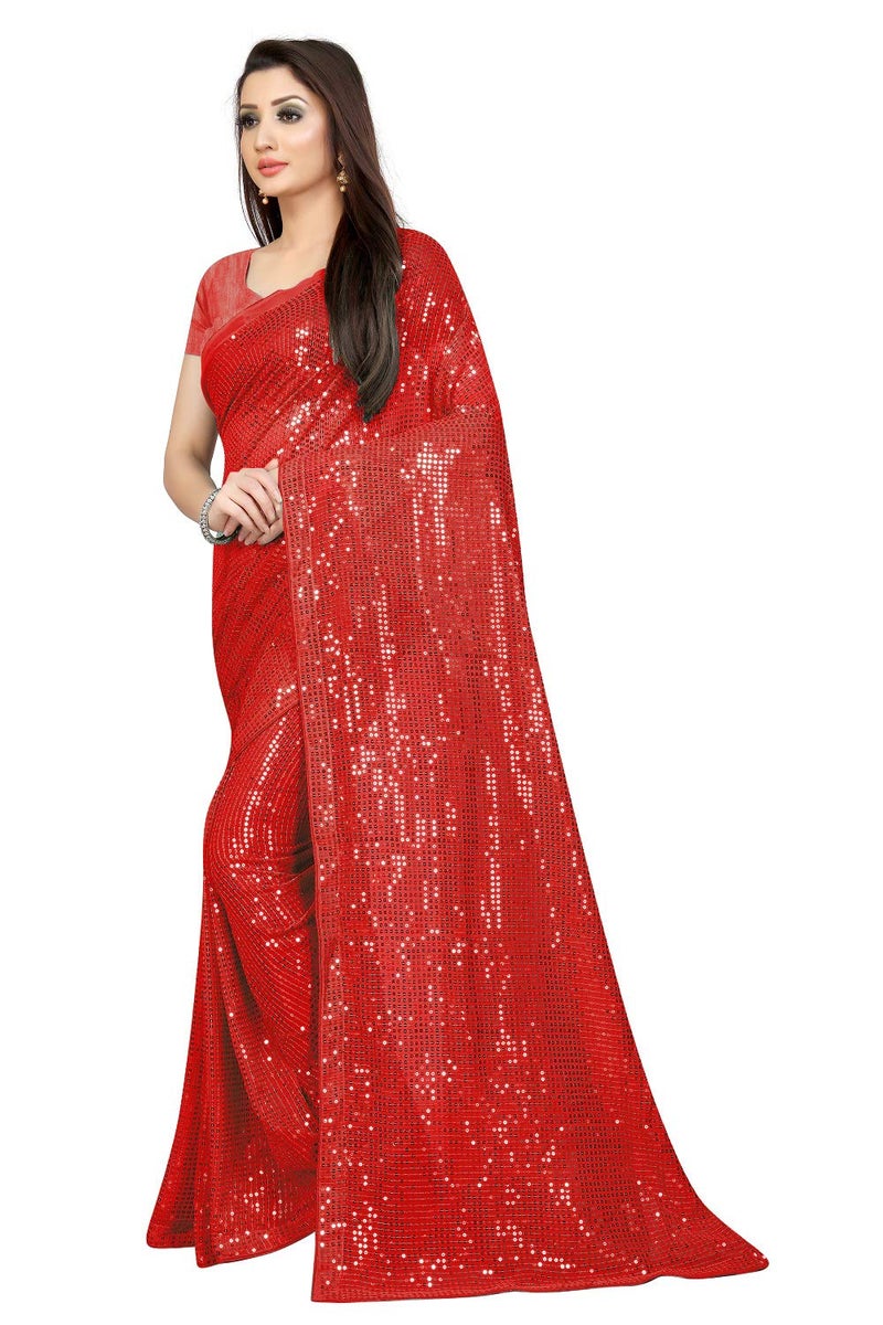 Florely Women's Pure Georgette sequence saree with unstiched blouse piece(Free size) (Red) - Image 3
