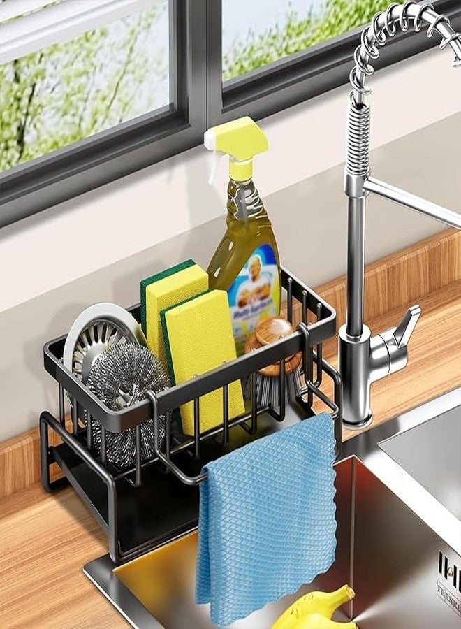 Bitnex Metal Sponge Holder for Kitchen Sink,Auto-Draining Kitchen Sink Caddy,Rustproof Steel Dish Sponge Organizer with Removable Dishcloth Rack, Kitchen Storage Rack,Space-Saving (Black) - Image 1