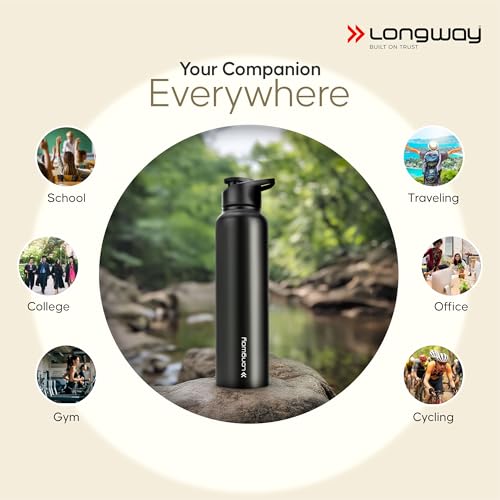 Longway Rush 1 LTR Stainless Steel Water Bottle | Leak-Proof & Rust-Free Design | Perfect for School, Office, Home, Gym, Travel & Ideal for Men, Women & Kids (1000 ml, Black). - Image 4