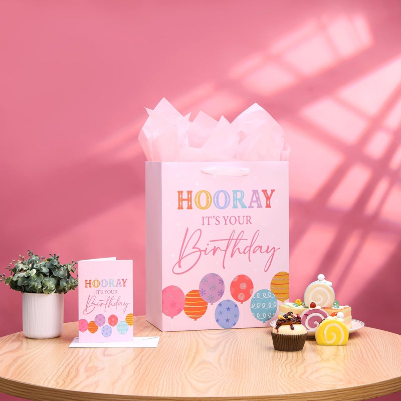 SUNCOLOR Large Birthday Gift Bag Set, Pink Balloon Theme, 13x10.2x6 Inch with Tissue Paper, Greeting Card, Envelope for Women and Girls Party Presents - Image 3