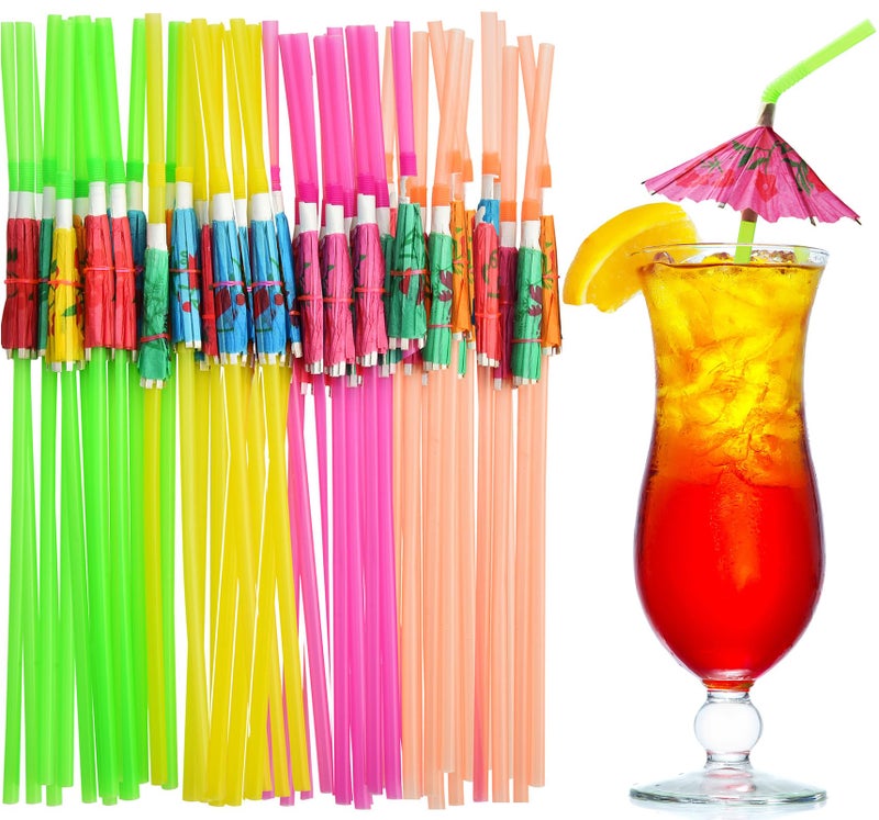 ALINK 100 Pcs Umbrella Drink Straws  Plastic Fancy Cocktail Straws  Tropical Luau Party Straws for Hawaiian/Birthday/Pool Party Decorations - Image 1