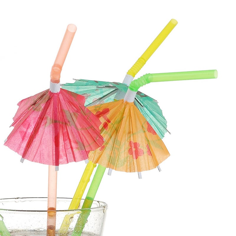 ALINK 100 Pcs Umbrella Drink Straws  Plastic Fancy Cocktail Straws  Tropical Luau Party Straws for Hawaiian/Birthday/Pool Party Decorations - Image 2