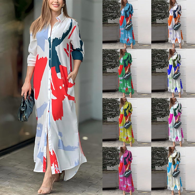 Fashion Printed Loose Shirt Dress Women Casual Long Sleeve