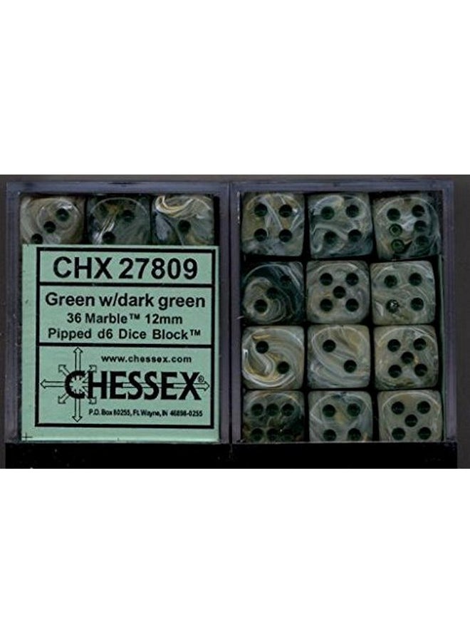 Chessex Chessex Dice d6 Sets: Marble Green Swirl with Dark Green Pips - 12mm Six Sided Die (36) Block of Dice  - Image 1