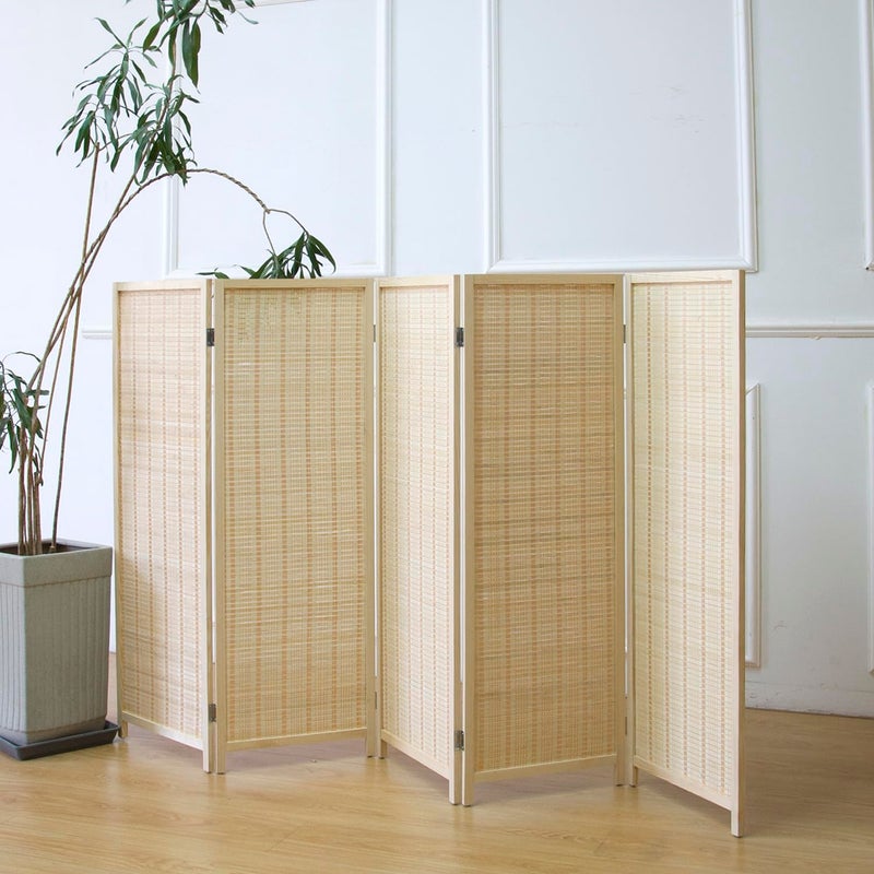 Furnnylane 5 Panel Short Room Divider Screen,Beige Freestanding Partition,Small Bamboo Panel Divider for Room Seperation,3.95 FT Tall - Image 1