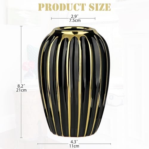 Briful Black Gold Ceramic Vase Home Decor, Ribbed Design, Porcelain Decorative Flower Vase, 8.2'' Tall Floral Vases for Table Desk Wedding Decoration - Image 2