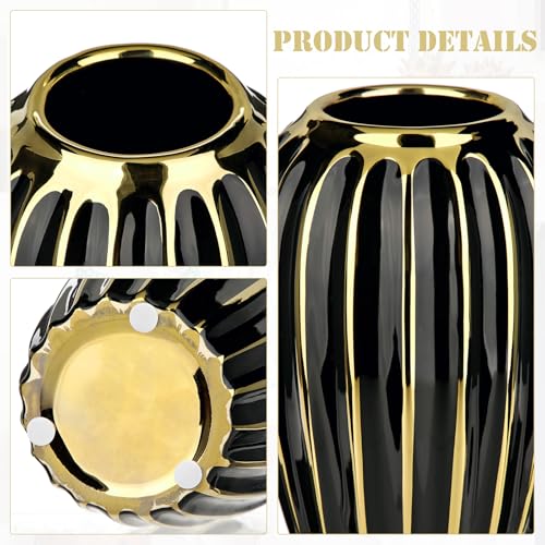 Briful Black Gold Ceramic Vase Home Decor, Ribbed Design, Porcelain Decorative Flower Vase, 8.2'' Tall Floral Vases for Table Desk Wedding Decoration - Image 3