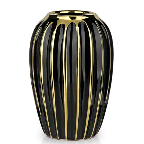 Briful Black Gold Ceramic Vase Home Decor, Ribbed Design, Porcelain Decorative Flower Vase, 8.2'' Tall Floral Vases for Table Desk Wedding Decoration - Image 1
