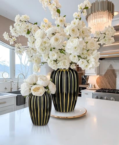 Briful Black Gold Ceramic Vase Home Decor, Ribbed Design, Porcelain Decorative Flower Vase, 8.2'' Tall Floral Vases for Table Desk Wedding Decoration - Image 4