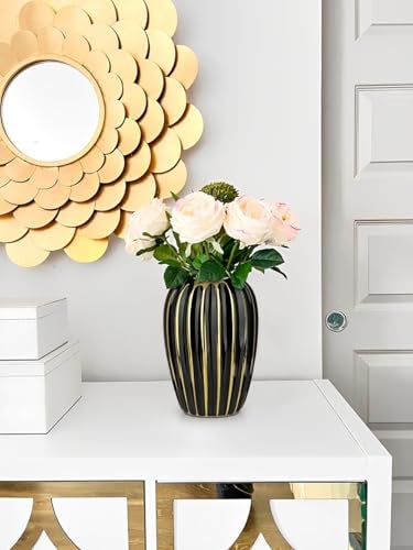Briful Black Gold Ceramic Vase Home Decor, Ribbed Design, Porcelain Decorative Flower Vase, 8.2'' Tall Floral Vases for Table Desk Wedding Decoration - Image 5