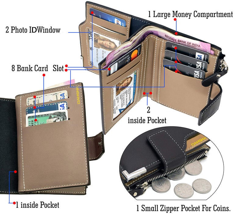 DAHSHA 13 Pocket Large Pu Leather Credit Debit Zipper Card Holder Wallet Coin Purse for Men & Women - (12 x 9.5 X 2 cm, Dark Brown) - Image 3