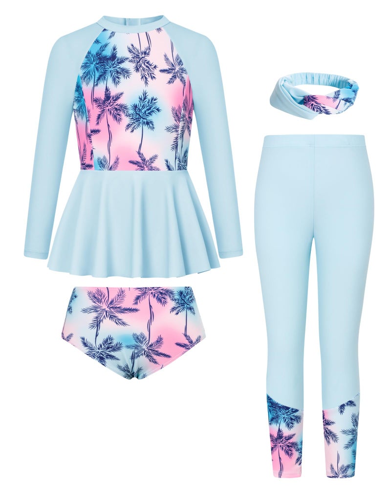 GRACE KARIN Girls Long Sleeve Swimsuit 4Pcs Bathing Suit with Bikini Headband Floral Swimwear 8-10 - Image 1