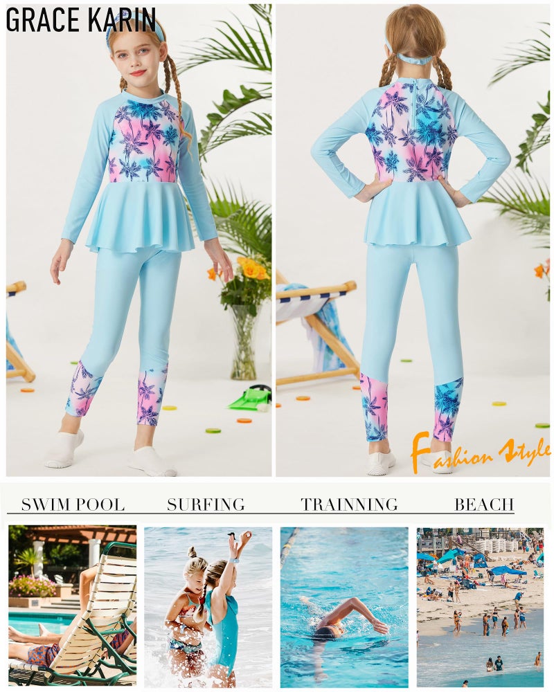 GRACE KARIN Girls Long Sleeve Swimsuit 4Pcs Bathing Suit with Bikini Headband Floral Swimwear 8-10 - Image 4
