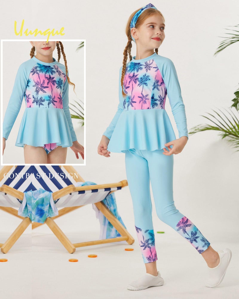 GRACE KARIN Girls Long Sleeve Swimsuit 4Pcs Bathing Suit with Bikini Headband Floral Swimwear 8-10 - Image 3
