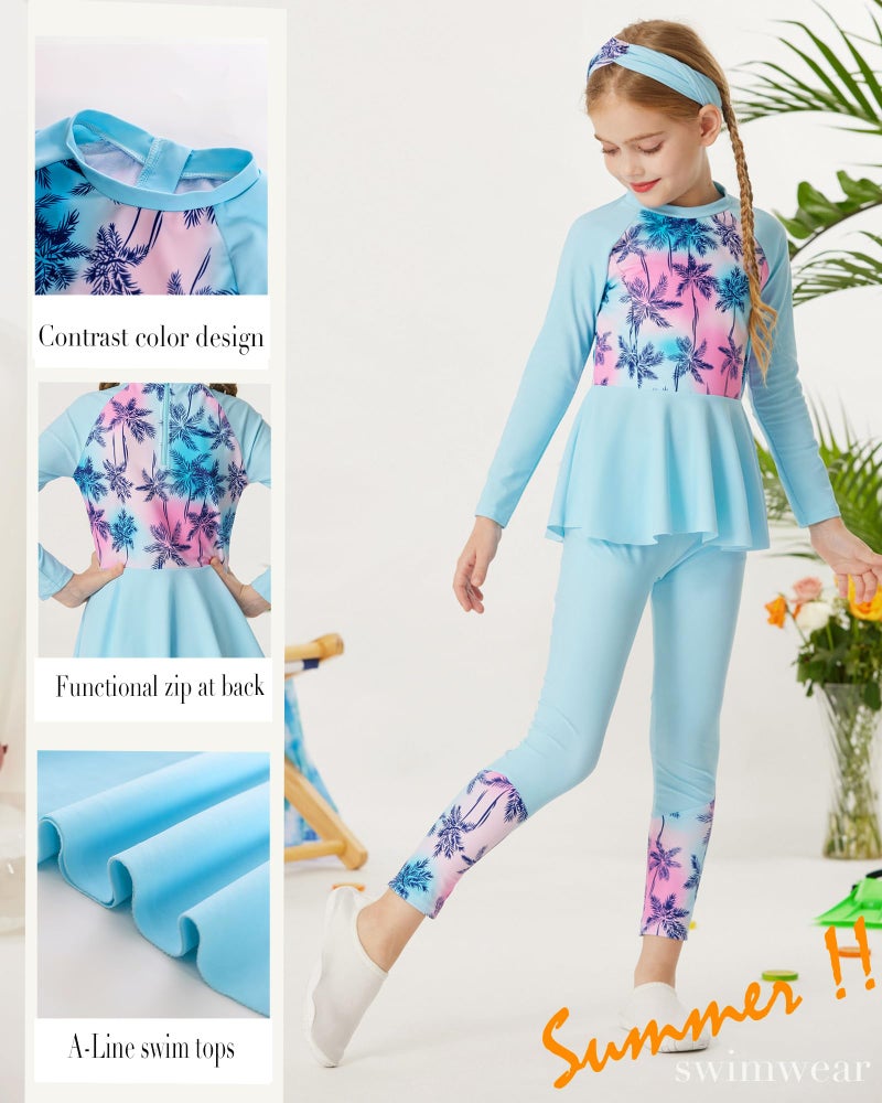 GRACE KARIN Girls Long Sleeve Swimsuit 4Pcs Bathing Suit with Bikini Headband Floral Swimwear 8-10 - Image 2