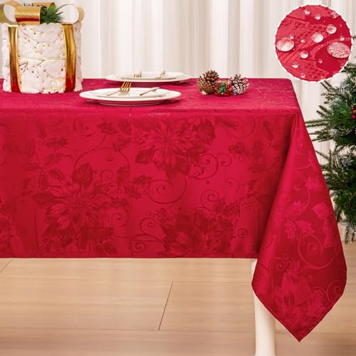 Mebakuk Christmas Jacquard Tablecloth Waterproof Elegant Damask Floral Pattern Table Cloth Heavy Weight Wipeable Wrinkle Free Fabric Table Covers for Dinner or Daily Uses Red 60 x 84 Inch