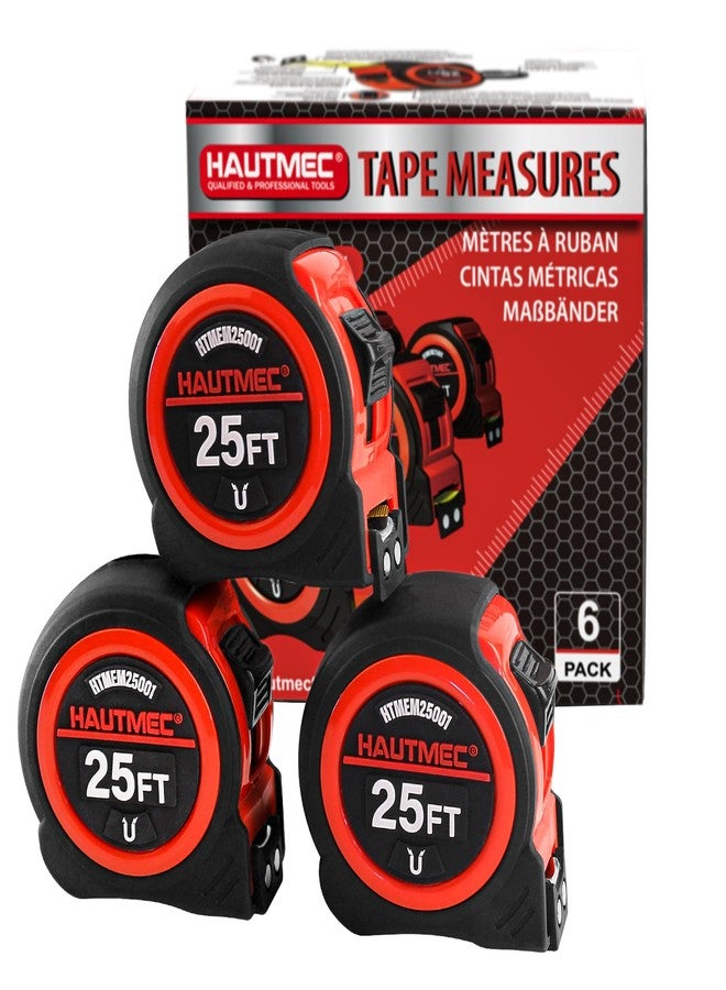 HAUTMEC شريط قياس HAUTMEC بطول 25 قدمًا، عبوة من 6 قطع بخطاف مغناطيسي وكسور - شريط قياس احترافي للبناء والنجارة والمشاريع المنزلية، HTMEM25001 - Image 1
