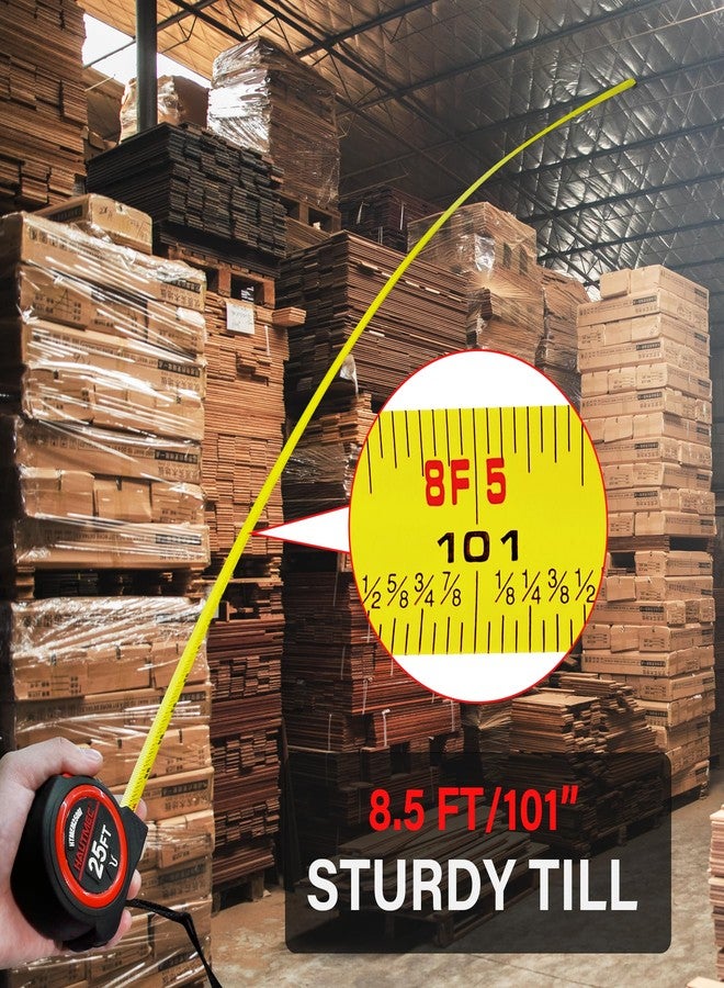 HAUTMEC شريط قياس HAUTMEC بطول 25 قدمًا، عبوة من 6 قطع بخطاف مغناطيسي وكسور - شريط قياس احترافي للبناء والنجارة والمشاريع المنزلية، HTMEM25001 - Image 5