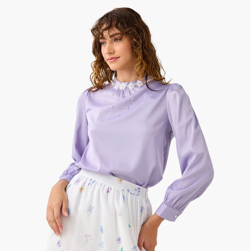 2Xtremz 2Xtremz Pearl Embellished High Neck Top with Long Sleeves