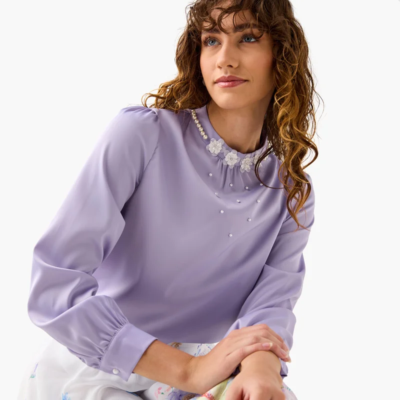 2Xtremz 2Xtremz Pearl Embellished High Neck Top with Long Sleeves