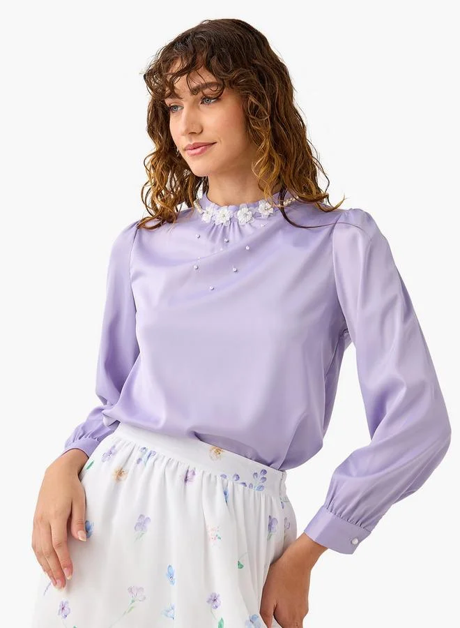 2Xtremz 2Xtremz Pearl Embellished High Neck Top with Long Sleeves
