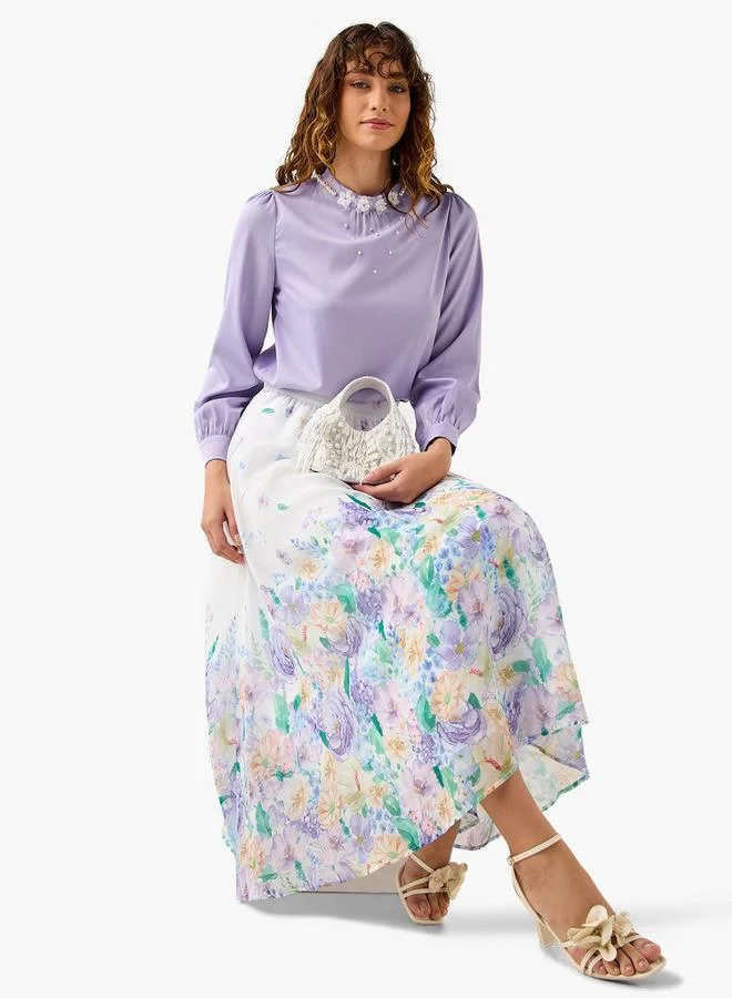 2Xtremz 2Xtremz Pearl Embellished High Neck Top with Long Sleeves