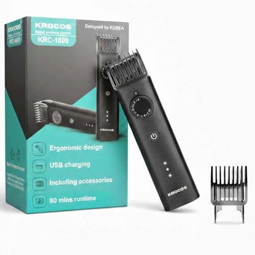 KROCOS Beard Trimmer for Men, 90 minutes runtime, USB Charging, Stainless Steel Blades, IPX6 Waterproof, Long-Lasting Battery (Beard) - Image 1