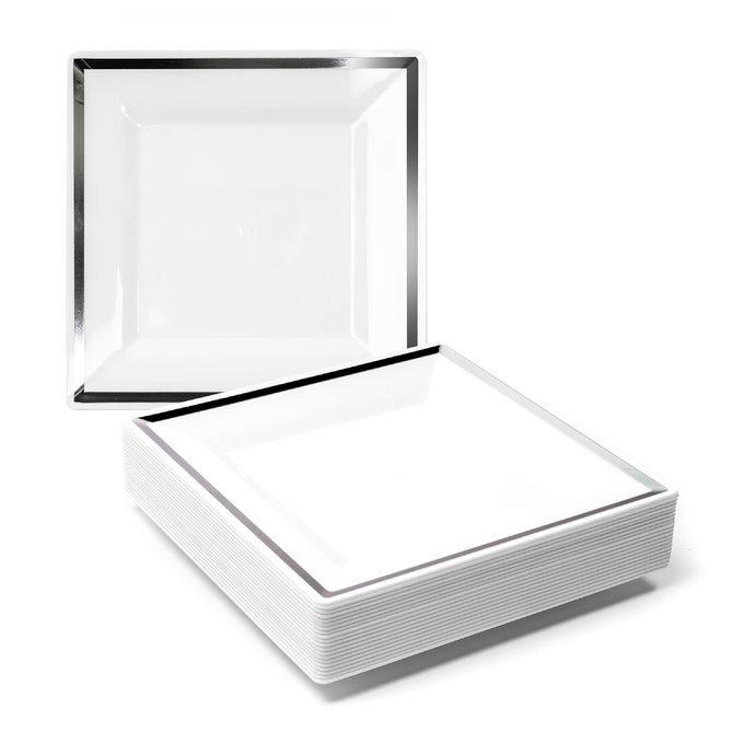 20 PREMIUM SQUARE WHITE PLASTIC DESSERT PLATES WITH SILVER RIM 165CM 65 INCH REUSABLE SMALL SIDE PLATES STARTER PLATES FOR WEDDINGS BIRTHDAYS PICNIC BBQ PARTIES