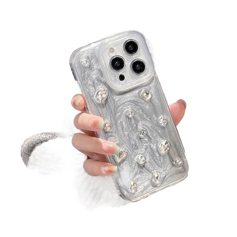 LS غطاء واقي، لـ iPhone 13، كريستال راينستون، Silver، TPU بتفاصيل مرصعة من مادة TPU باللون الفضي - Image 1