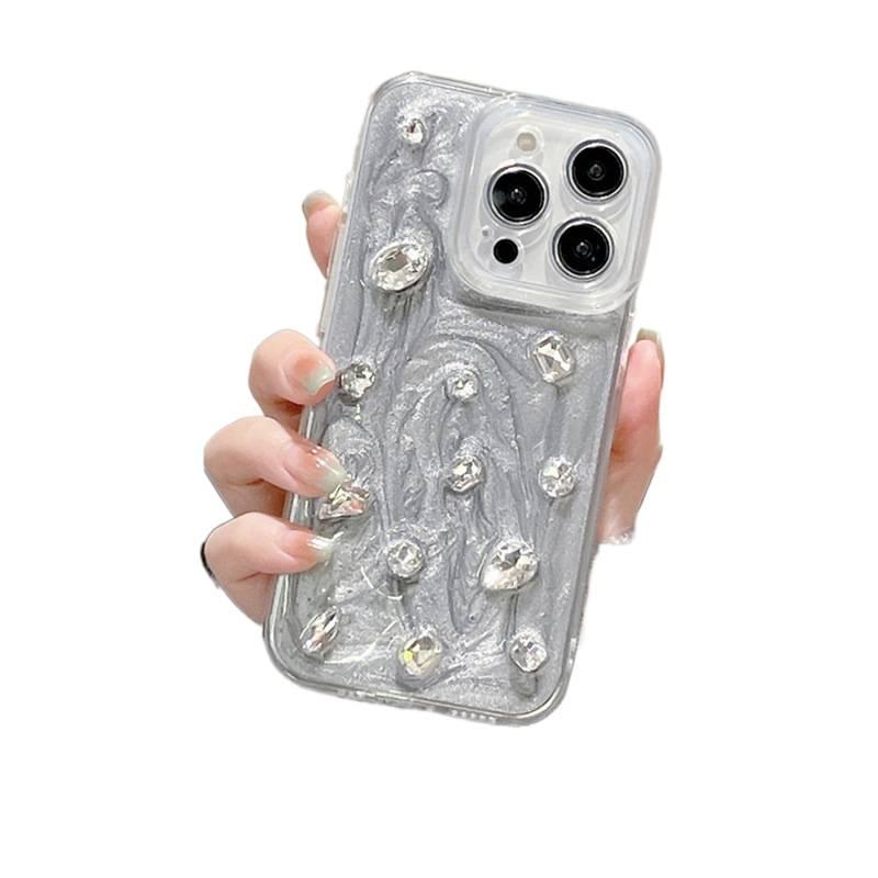 LS غطاء واقي، لـ iPhone 13، كريستال راينستون، Silver، TPU بتفاصيل مرصعة من مادة TPU باللون الفضي - Image 3
