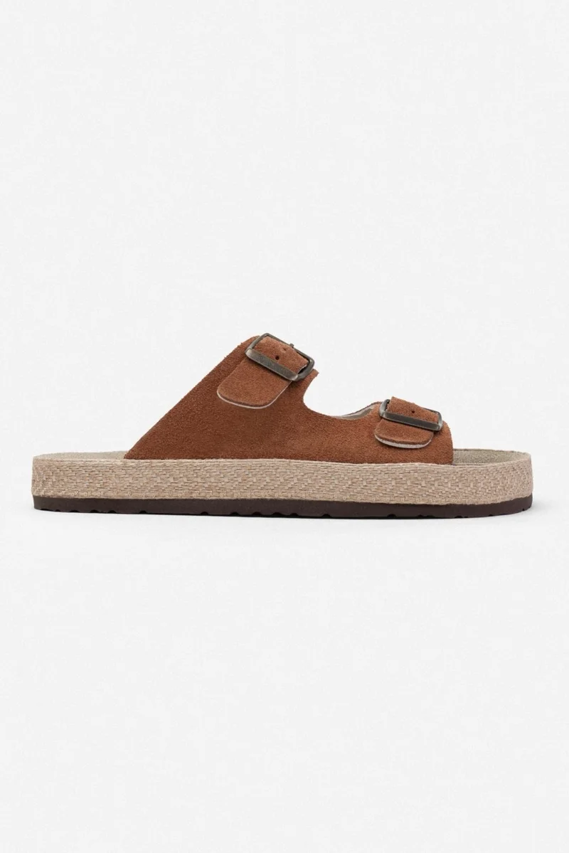 نيشانتاشي شوز Sarrah Brown Suede Double Buckle Detailed Flat Sole Women's Slippers