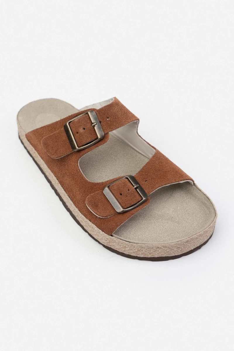 نيشانتاشي شوز Sarrah Brown Suede Double Buckle Detailed Flat Sole Women's Slippers