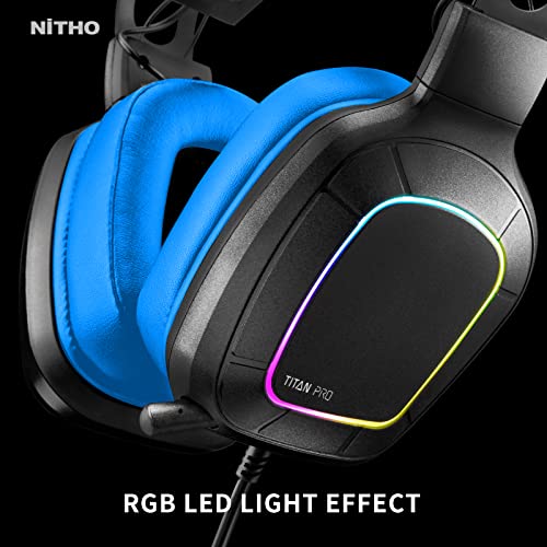 Nitho Titan PRO 7.1 Surround Gaming Headset with Cardioid Microphone for PS5, PS4, PC, Laptop, Over-Ear Stereo Wired Gaming Headphones with RGB LED Light, 3.5 mm Audio Jack, 50 mm Drivers - Blue - Image 3