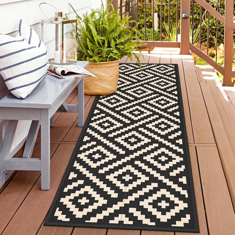 GENIMO Outdoor Rug 2.5'x8' Waterproof, Reversible Camping Mat, Plastic Straw Rugs for Patio, RV, Camper, Balcony, Backyard, Picnic, Deck (Black & Beige) - Image 1