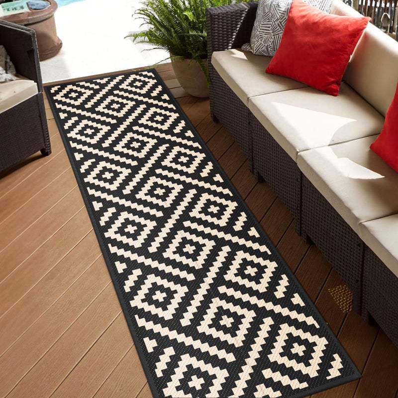 GENIMO Outdoor Rug 2.5'x8' Waterproof, Reversible Camping Mat, Plastic Straw Rugs for Patio, RV, Camper, Balcony, Backyard, Picnic, Deck (Black & Beige) - Image 3