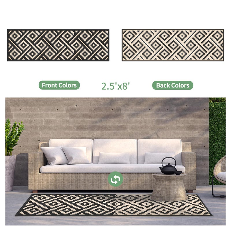 GENIMO Outdoor Rug 2.5'x8' Waterproof, Reversible Camping Mat, Plastic Straw Rugs for Patio, RV, Camper, Balcony, Backyard, Picnic, Deck (Black & Beige) - Image 4