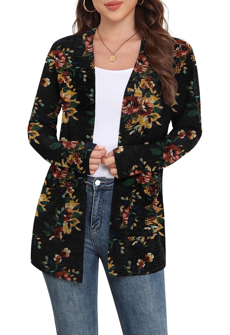 Yincro Womens Lightweight Cardigan Long Sleeve 0pen Front Casual Sweater Cardigans with Pockets (Brown Floral Black, M) - Image 4