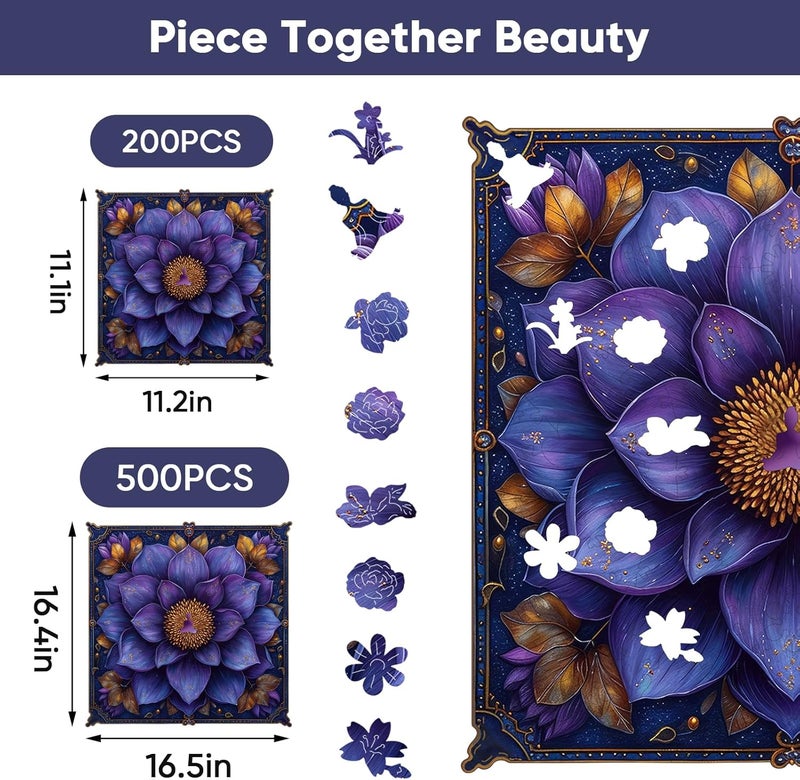 Mys Aurora Wooden Jigsaw Puzzles - Yoga Lotus, 500 Piece Luxurious Shaped Wooden Puzzles for Adults and Kids, Family Game, 16.5'' x 16.4'' - Image 5