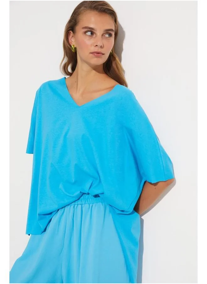JUNE June Women 100% Viscose Regular Fit V Neck Knitted Tshirt Blue