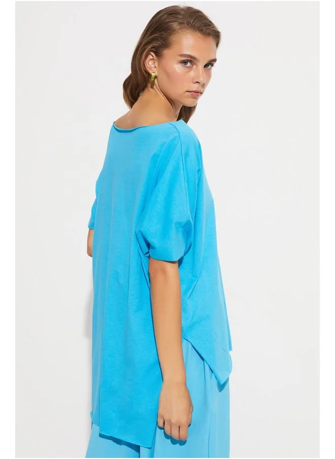 JUNE June Women 100% Viscose Regular Fit V Neck Knitted Tshirt Blue